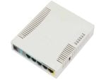 MikroTik RB951Ui-2HnD - 2.4GHz AP with five Ethernet ports and PoE output on port 5. It has a 600MHz CPU, 128MB RAM and a USB port.