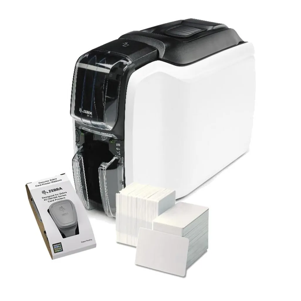Zebra Printer ZC100; Single Sided; UK/EU Cords; USB Only; Windows Driver; CardStudio 2.0 (Standard) application; 200 PVC cards; YMCKO