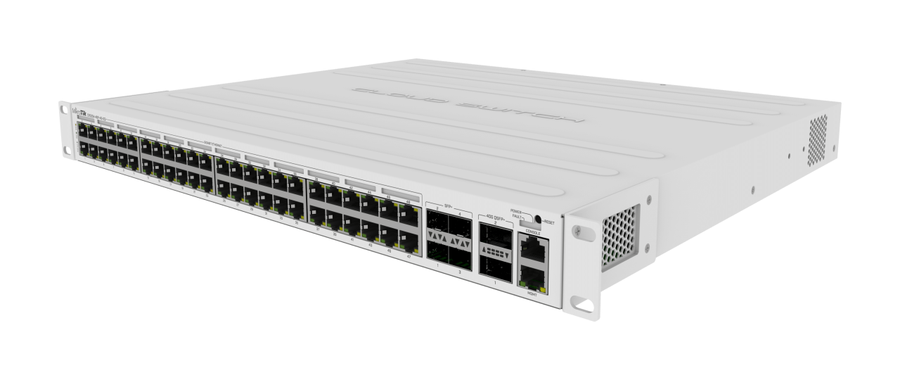 MikroTik Cloud Router Switch CRS354-48P-4S+2Q+RM, 48x GB RJ45 LAN (all PoE-out), 4x 10G SFP+ cages, 2x 40G QSFP+ cages, RouterOS L5, 1U rackmount enclosure, 750W PSU
