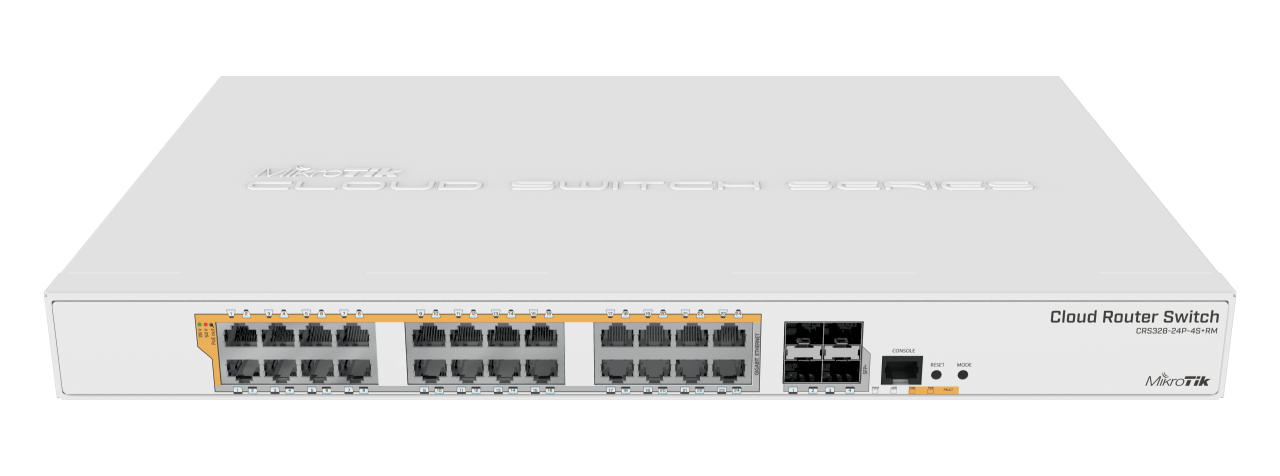 MikroTik Cloud Router Switch CRS328-24P-4S+RM, 24xGB LAN (all POE-out), 4x SFP+ cages, RouterOS L5 or SwitchOS (dual boot), 1U rACkmount case, 500W built-in PSU