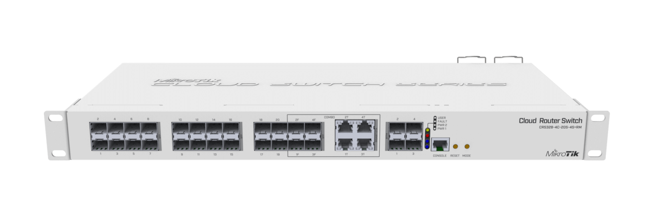 MikroTik Cloud Router Switch CRS328-4C-20S-4S+RM, 20x SFP cages, 4x SFP+ cages, 4x CoMBo ports (1x GB LAN or SFP), RouterOS L5 or SwitchOS (dual boot), 1U rACkmount case, Dual PSU