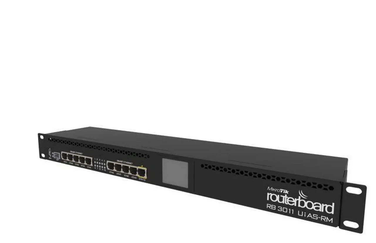 MikroTik RouterBOARD RB3011UiAS, 10x GB LAN, 1x SFP port, RouterOS L5, 1U rACkmount case, LCD panel