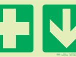 Photoluminescent 190mm Safety Sign - E7 Green Cross + Arrow Down