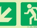 Photoluminescent 190MM Safety Sign -E14 - Diagonal Arrow Down and Left + Running Man