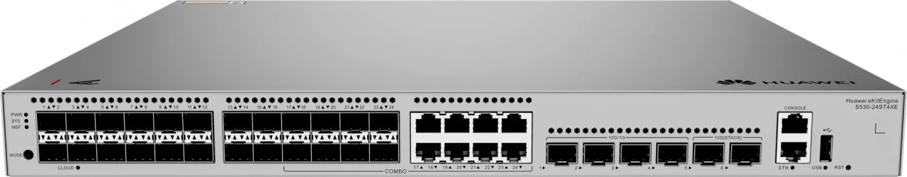 Huawei S530-24ST4XE,S530-24ST4XE,S530-24ST4XE(24*GE SFP ports, 8 of which are dual-purpose 10/100/1000 or SFP, 4*10GE SFP+ ports, 2*12GE stack ports, with 1*AC power module)