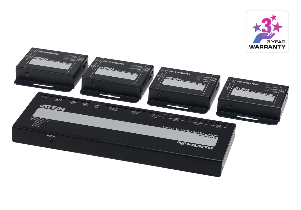 Aten 4-Port 4K HDMI Cat 6 Splitter with Receivers - 1 splitter and 4 receiver