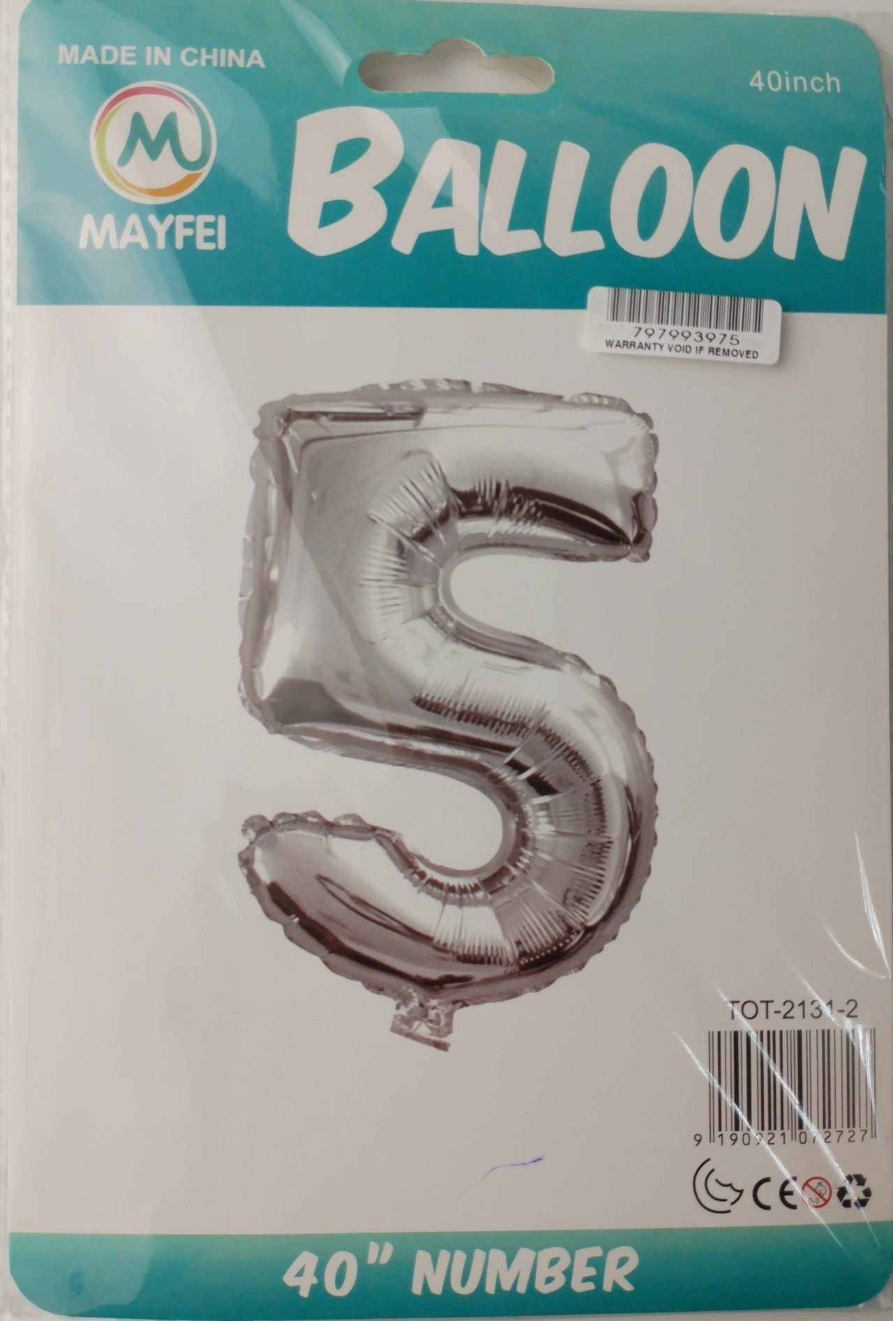 Casey 102cm Silver Balloon Number.5 Retail Packaging No