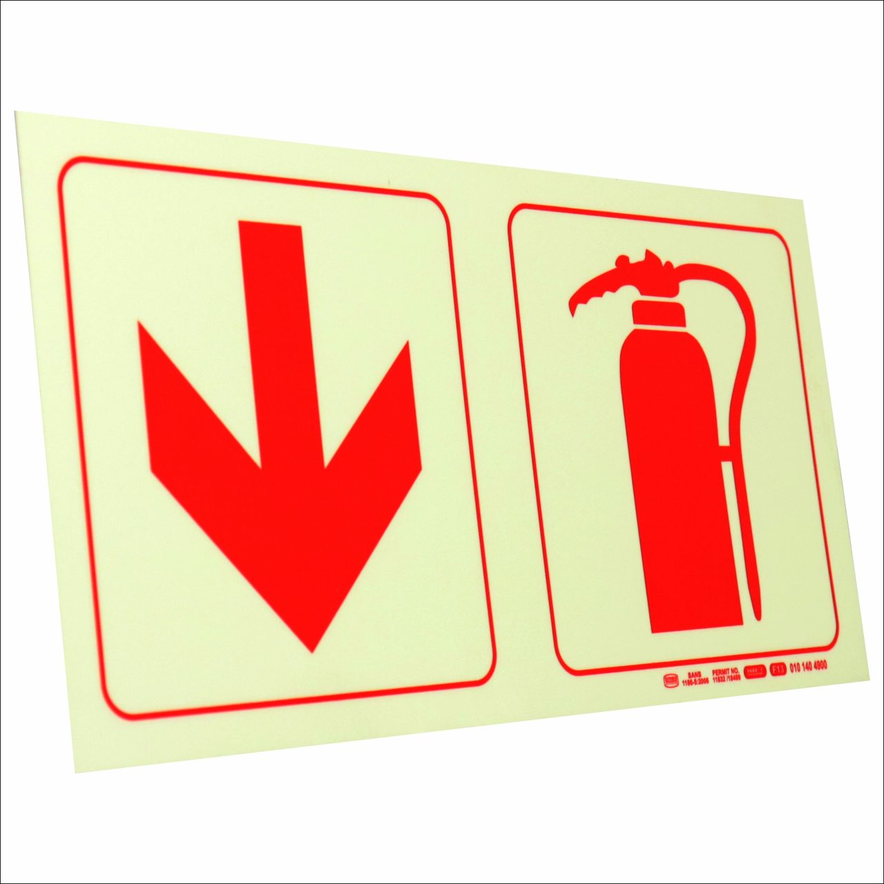 Photoluminescent - 190m Safety Sign F13 Arrow Down Fire Extinguisher