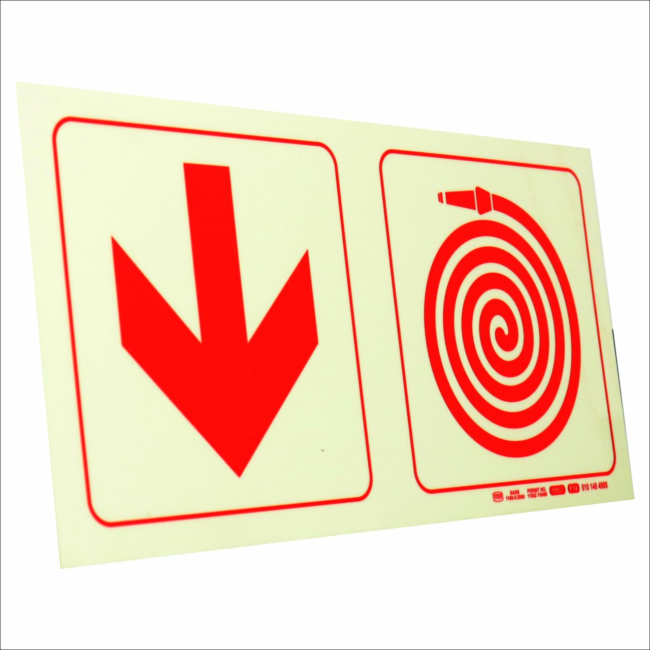 Photoluminescent 190mm Safety Sign F14 Arrow Down Fire Hose Reel