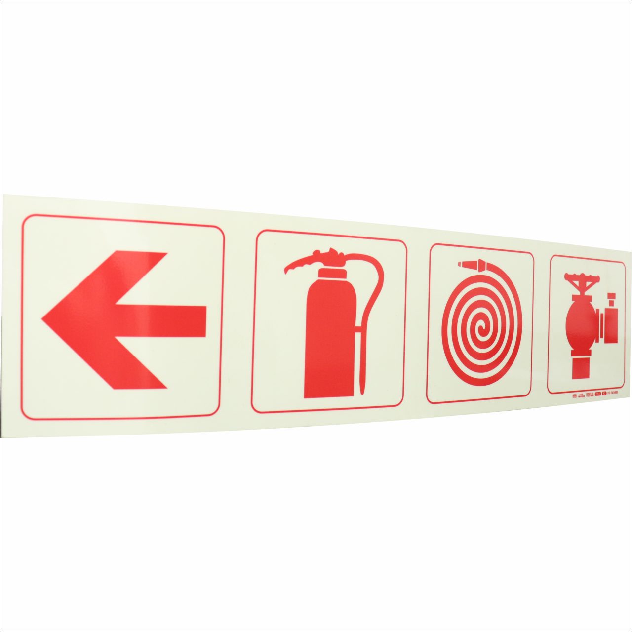 Photoluminescent 190mm Safety Sign - F1 - Arrow Down + Fire Extinguisher + Fire Hose Reel + Fire Hydrant
