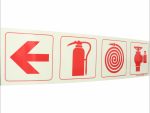 Photoluminescent 190mm Safety Sign - F1 - Arrow Down + Fire Extinguisher + Fire Hose Reel + Fire Hydrant