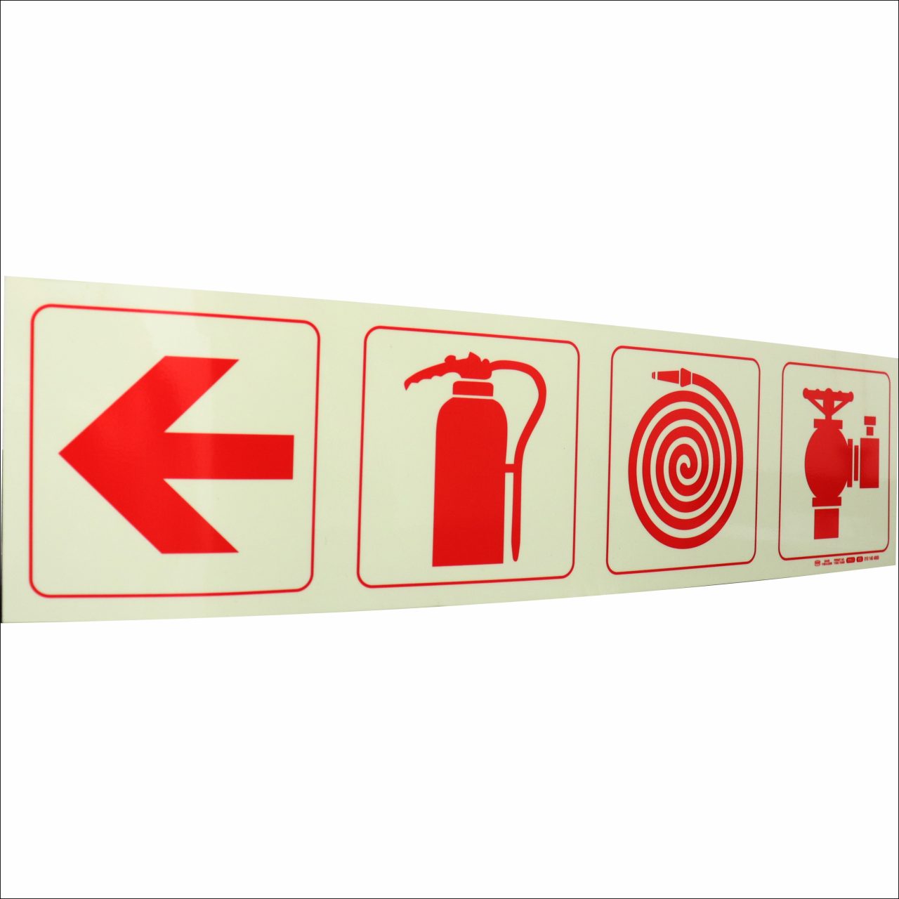 Photoluminescent 190mm Safety Sign - F1-Arrow Down + Fire Extinguisher + Fire Hose Reel+Fire Hyrant