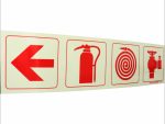 Photoluminescent 190mm Safety Sign - F1-Arrow Down + Fire Extinguisher + Fire Hose Reel+Fire Hyrant