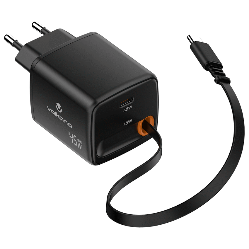 Volkano Sleek Series Fast Wall Charger 45W USB-C with Built-in Retractable 75cm Cable – Black