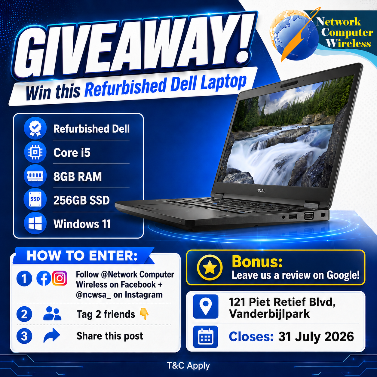 Refurbished Dell Laptop Giveaway - win a Core i5, 8GB RAM, 256GB SSD, Windows 11 laptop from Network Computer Wireless