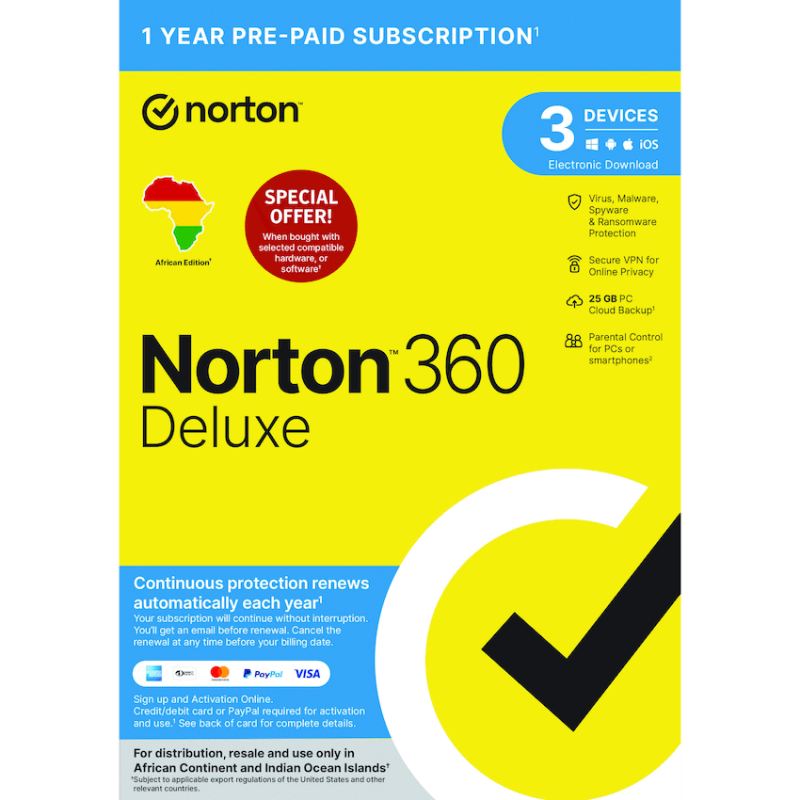 Norton 360 Deluxe 25GB AF 1 User 3 Device 12Month