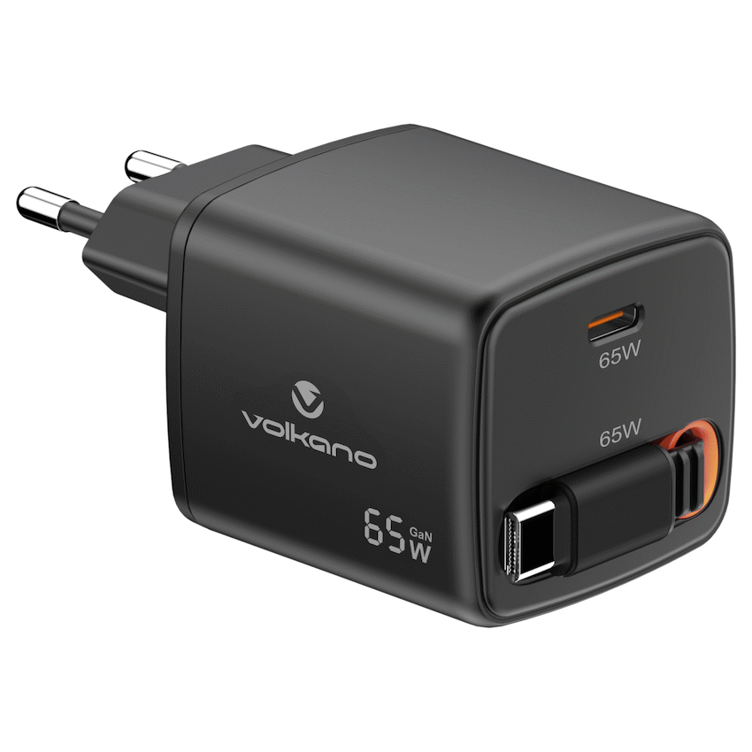 Volkano Sleek Series Fast Wall Charger 65W USB-C with Built-in Retractable 75cm Cable – Black