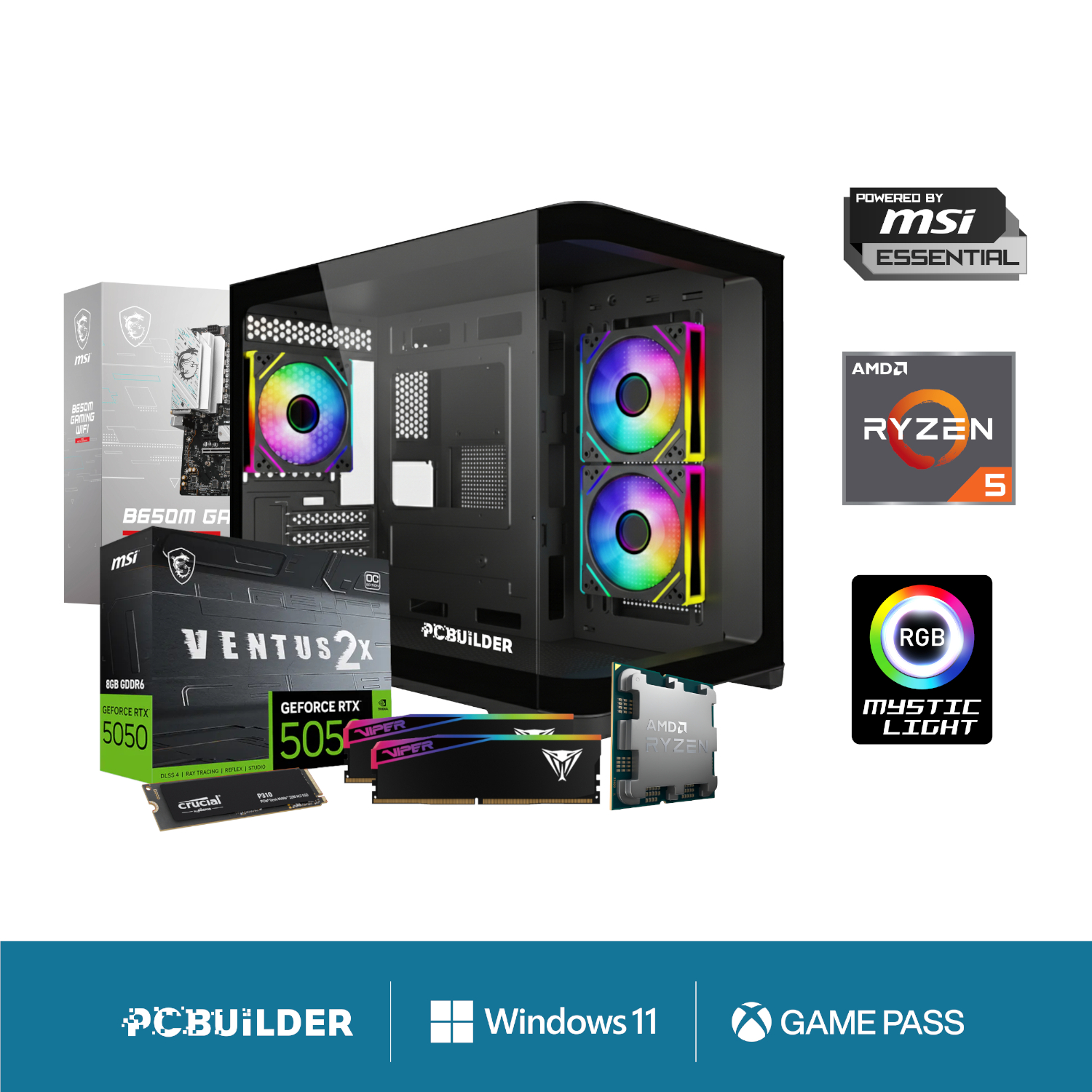 PCBuilder Recon Gaming PC | AMD Ryzen 5 8400F | 16GB DDR5 | RTX 5050 8GB GDDR6 | 1TB | 650W 80PLUS Bronze | Windows 11 Home | Gaming Chassis