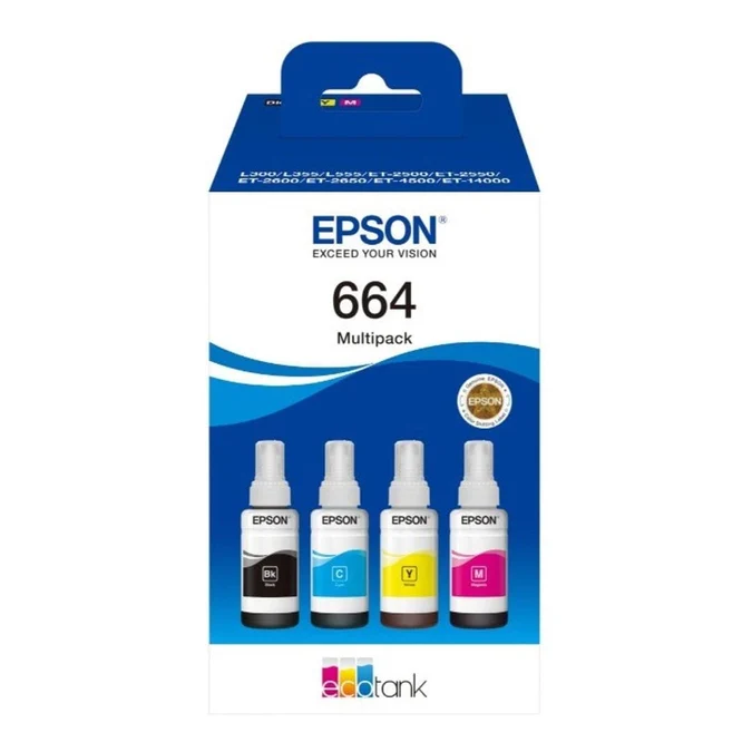 Epson 664 Ink Bottles Multipack 280ml (total) 1 x Black, 1 x Cyan, 1 x Magenta, and 1 x Yellow bottle